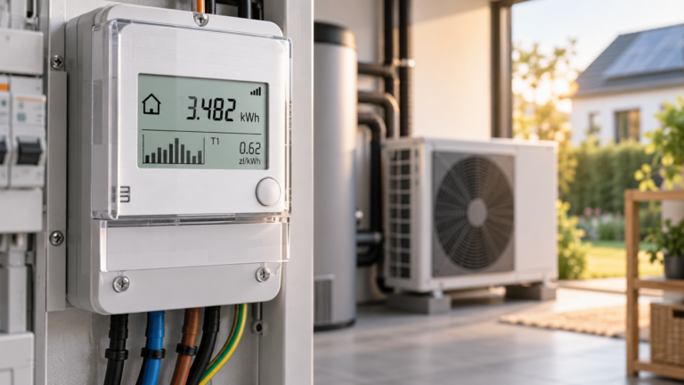 Cyfrowy licznik energii elektrycznej oraz pompa ciepła przy domu