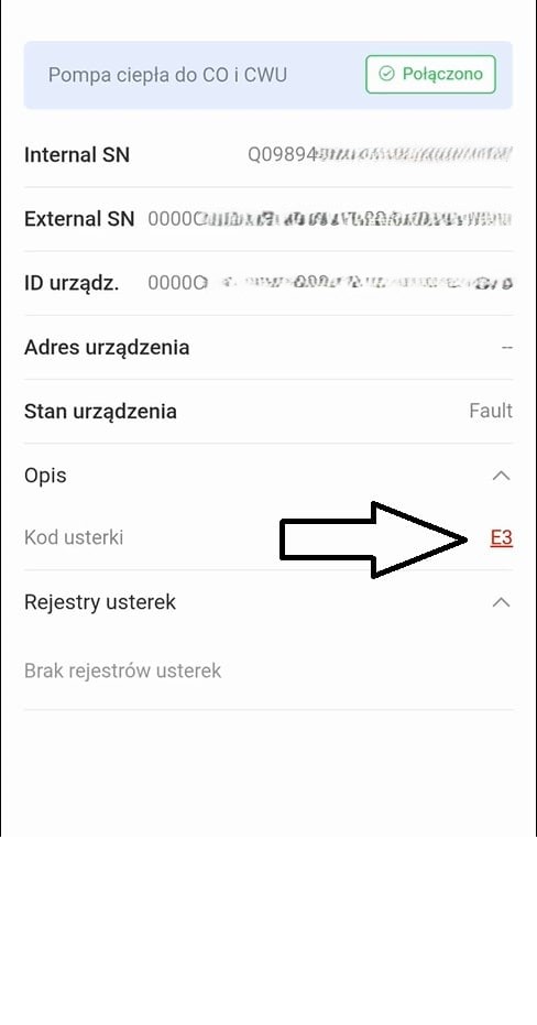 Kod usterki E3 widoczny w aplikacji pompy ciepła